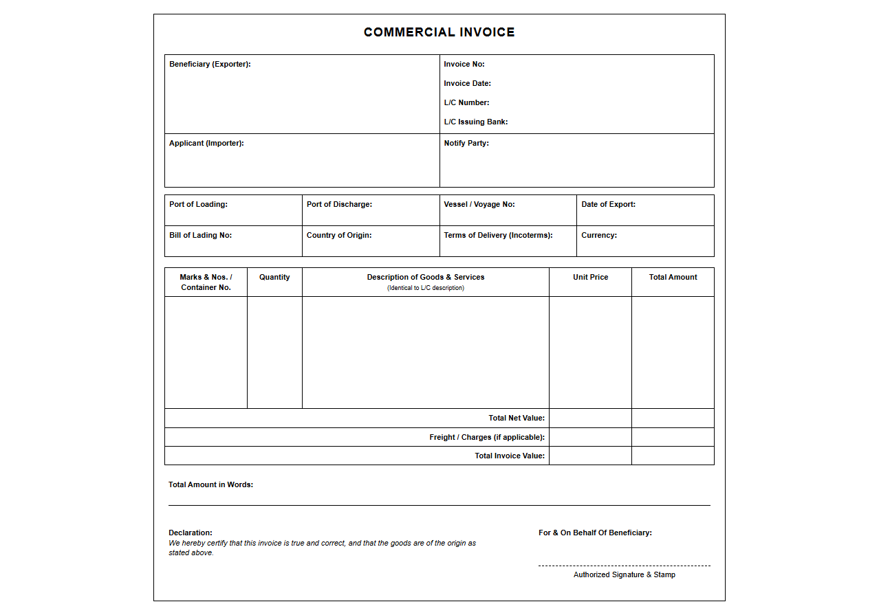 LC Bank Standard Commercial Invoice