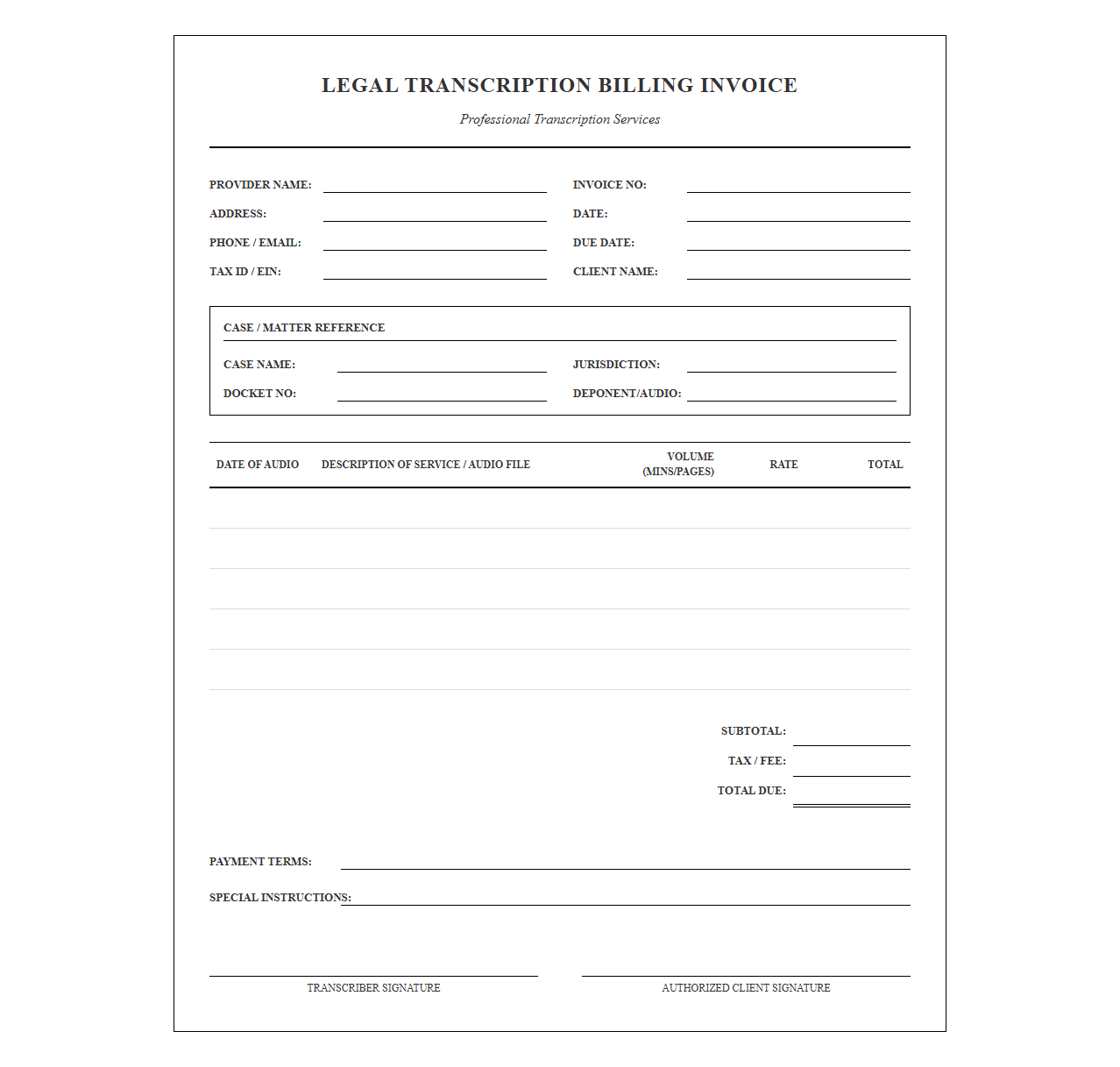 Legal Transcription Billing Invoice Sheet