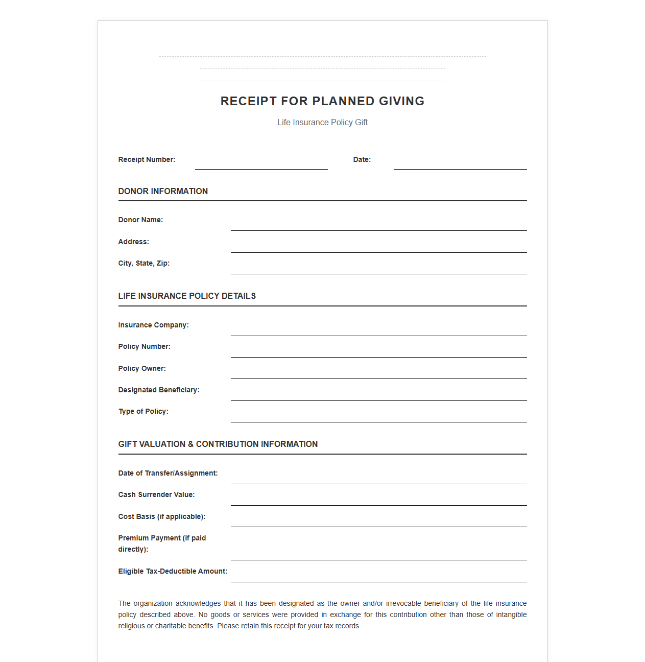 Life Insurance Planned Gift Receipt Template