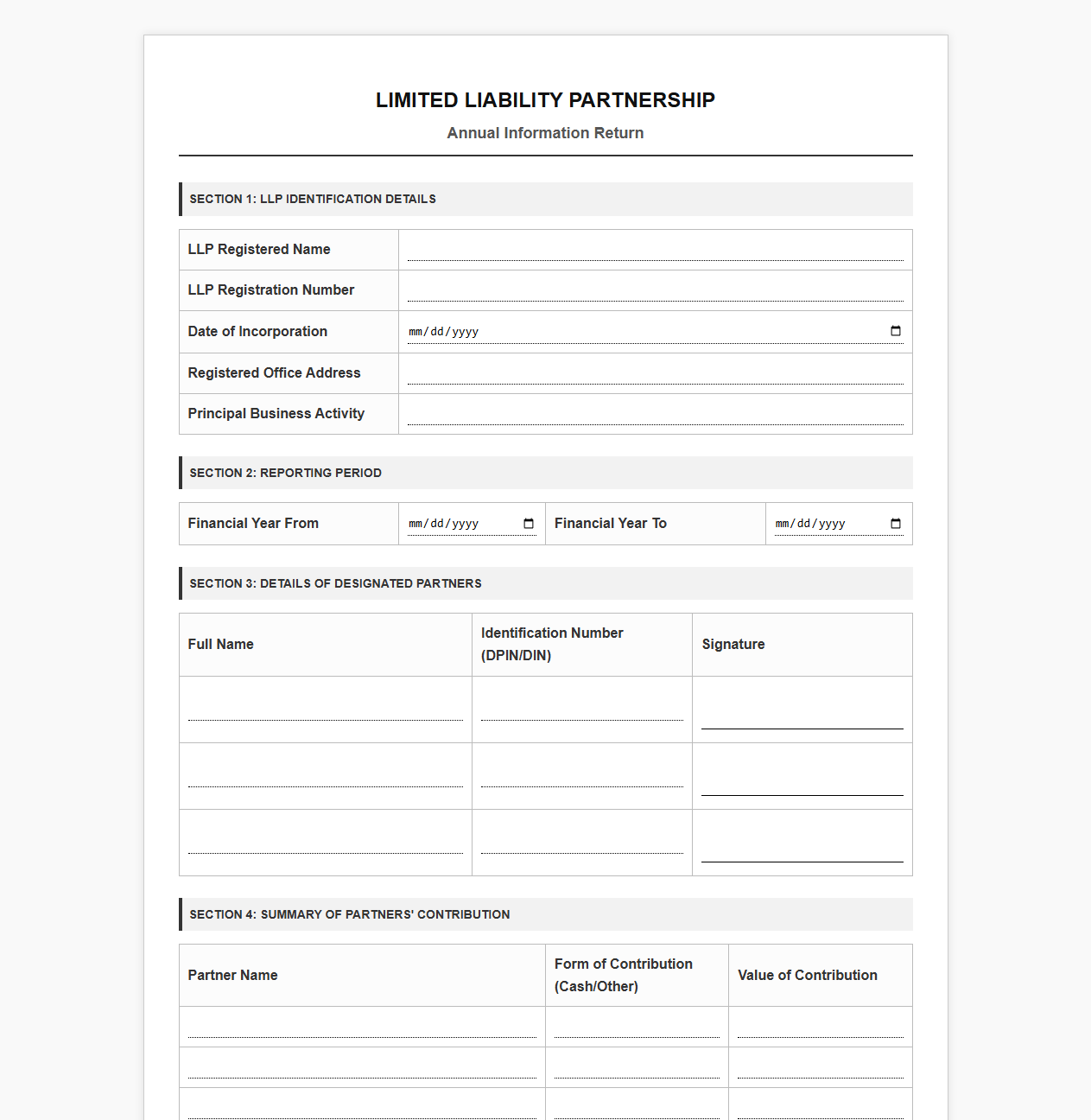 Limited Liability Partnership Information Return Template