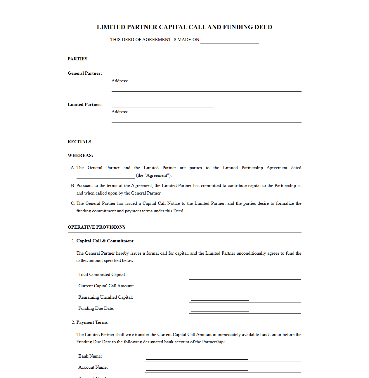 Limited Partner Capital Call and Funding Deed