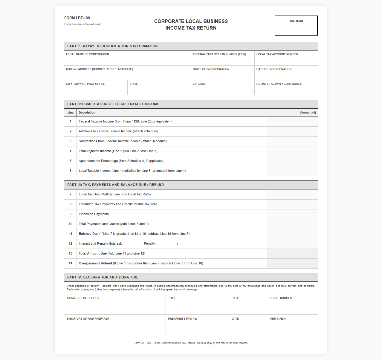 Local Business Income Tax Return Template