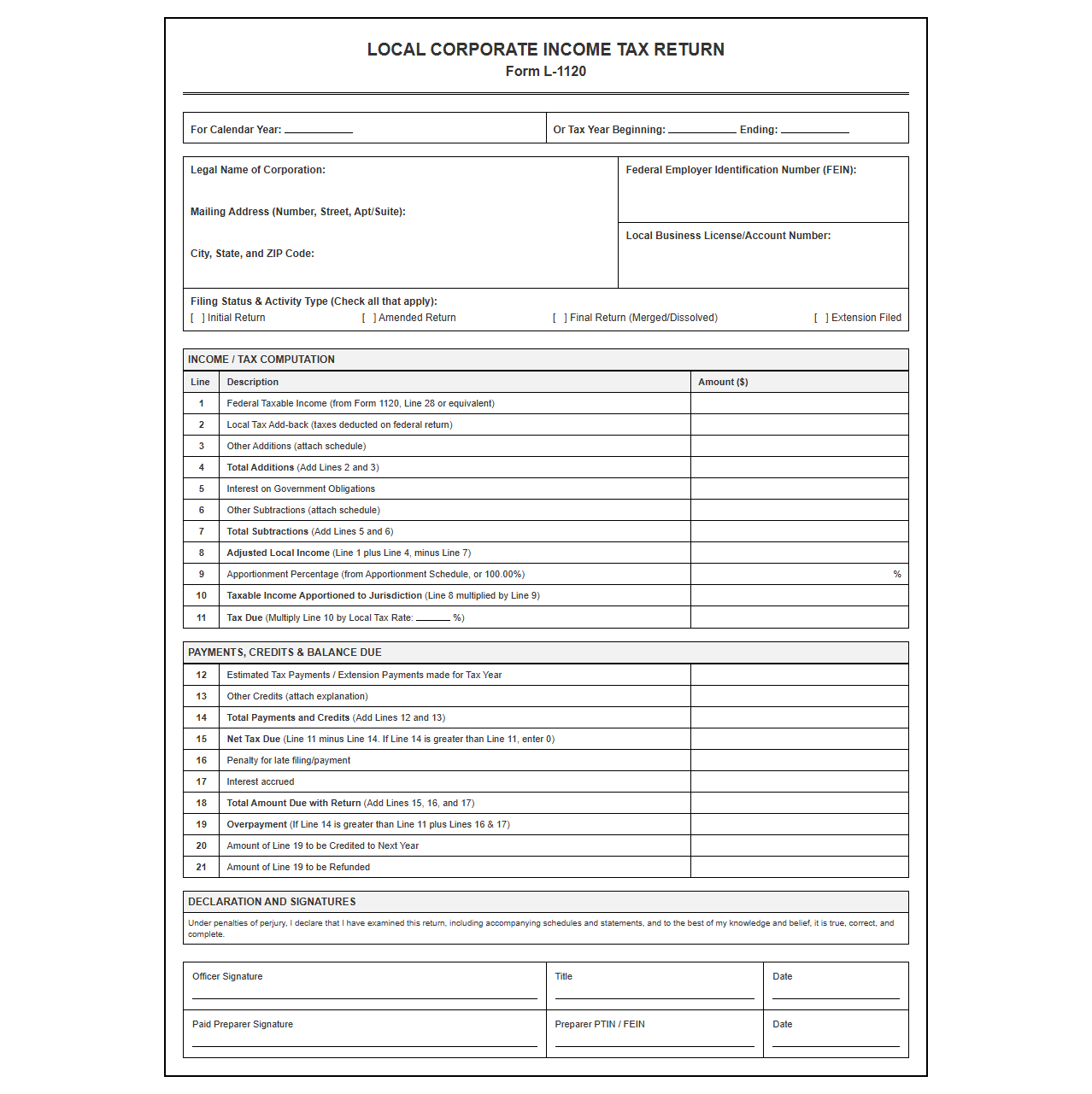 Local Income Tax Filing Template for Corporations
