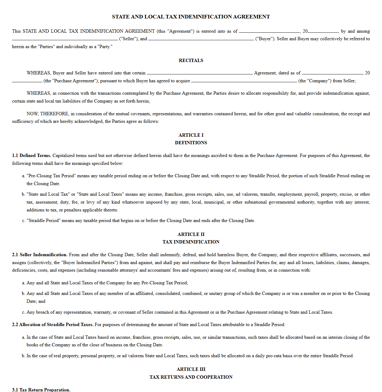 M&A State and Local Tax Indemnity Agreement