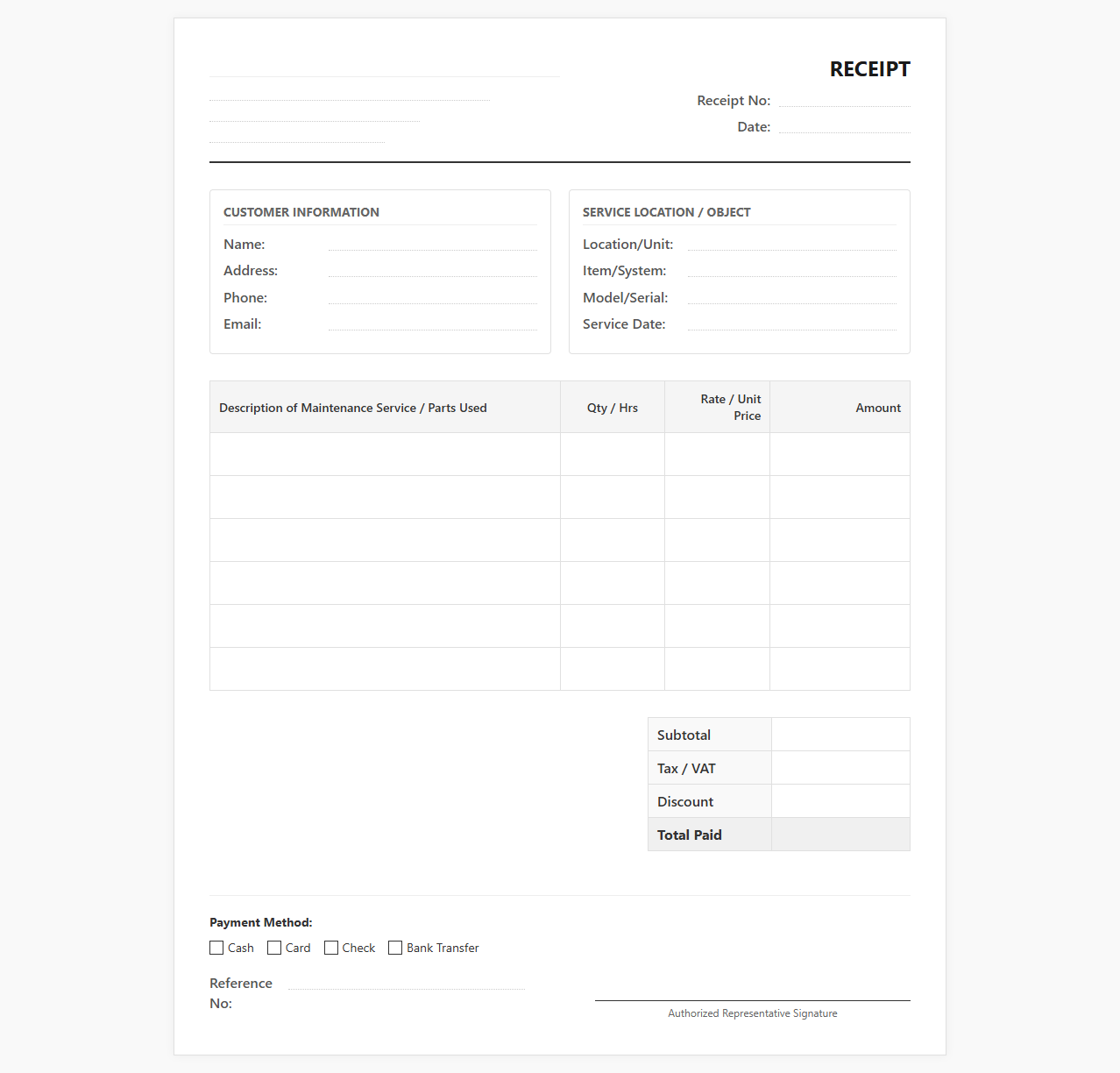 Maintenance Service Receipt Template