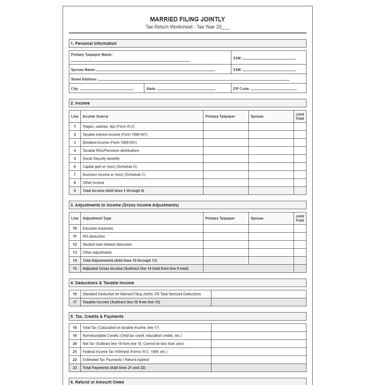 Married Couples Joint Tax Return Worksheet
