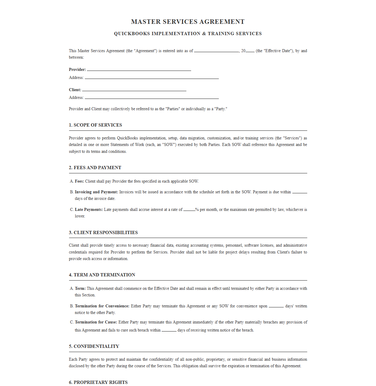 Master Services Agreement for QuickBooks Implementation and Training