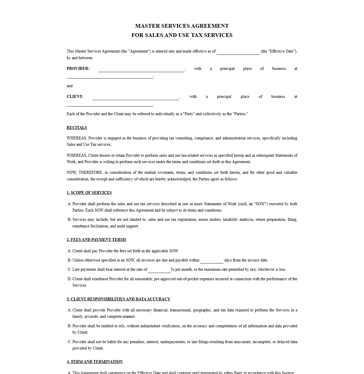 Master Services Agreement for Sales and Use Tax