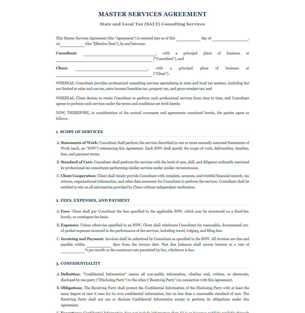 Master Services Agreement for State and Local Tax Consulting
