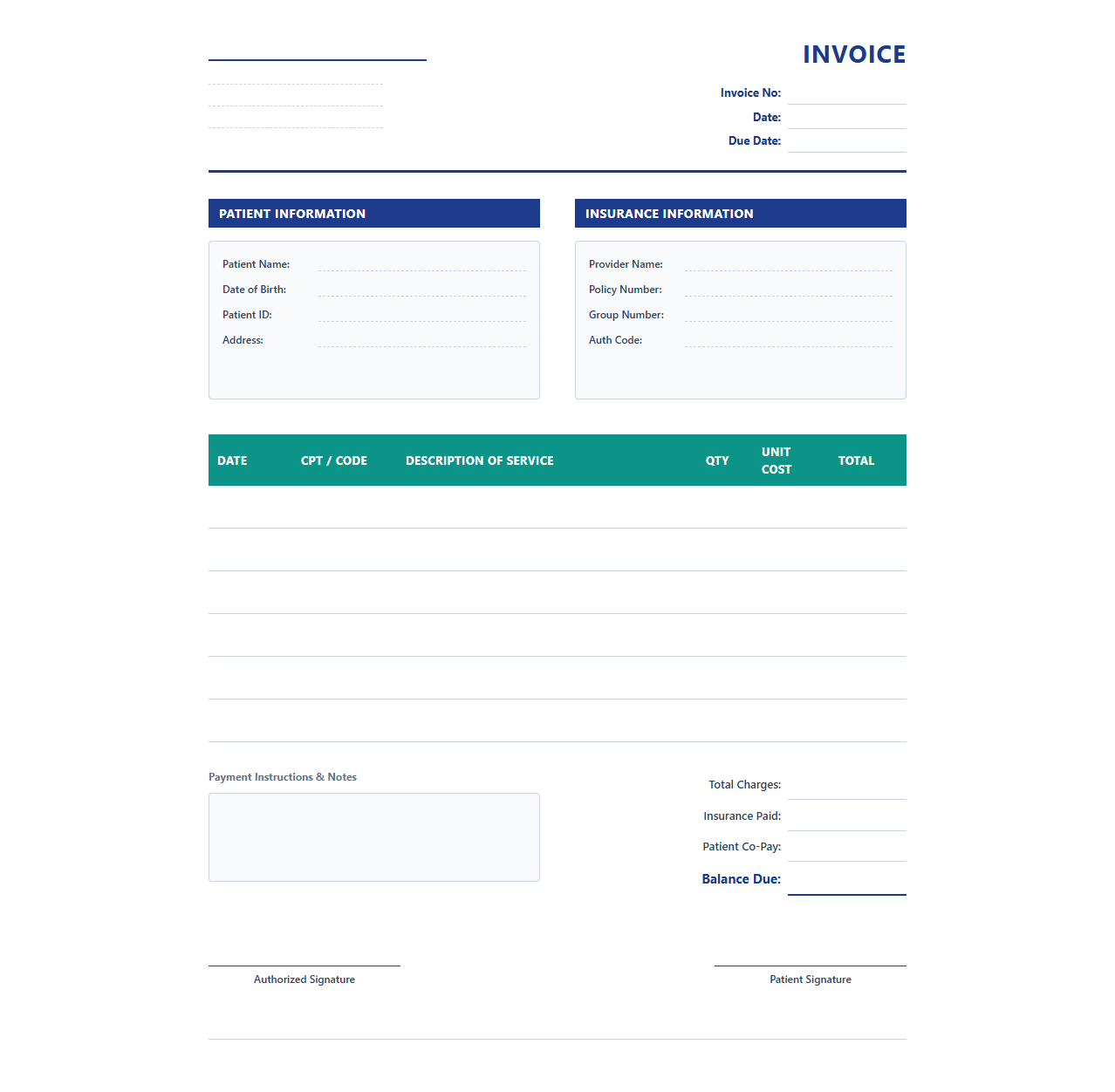Medical Clinic Billing Invoice Template