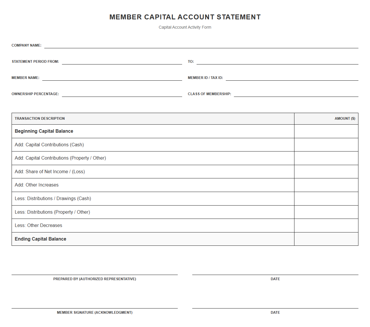 Member Capital Account Statement Form