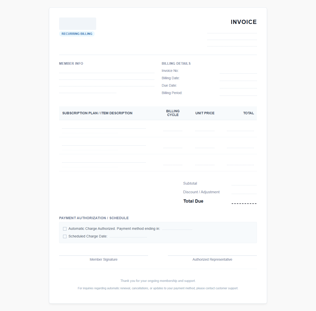 Membership Billing Invoice Template