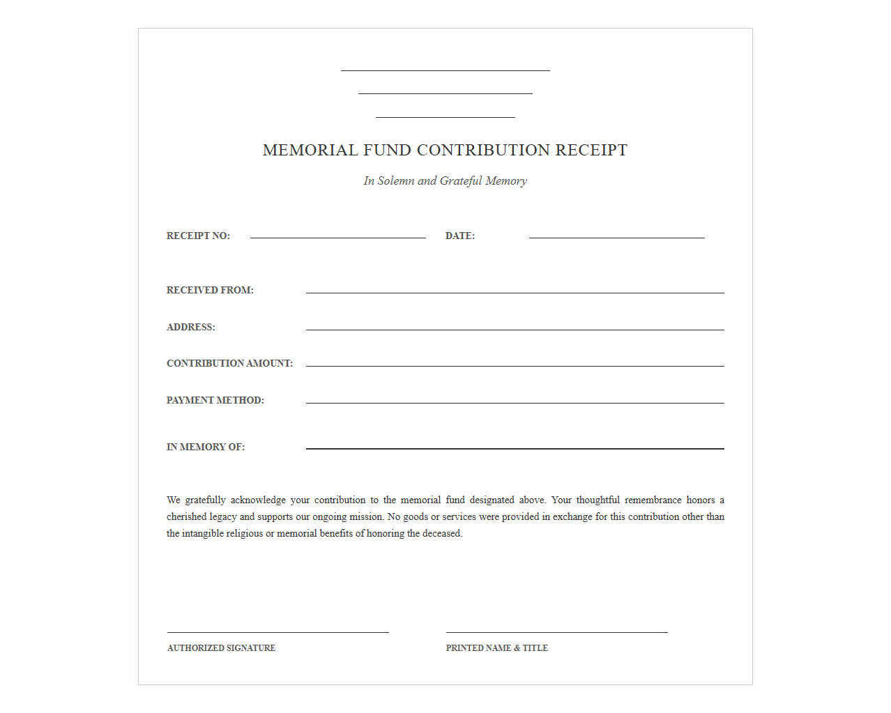 Memorial Fund Contribution Receipt Template