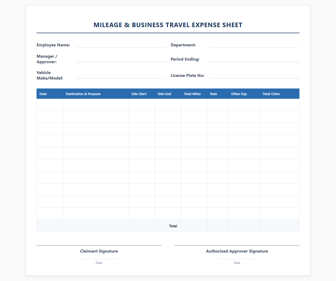 Mileage and Business Travel Expense Sheet