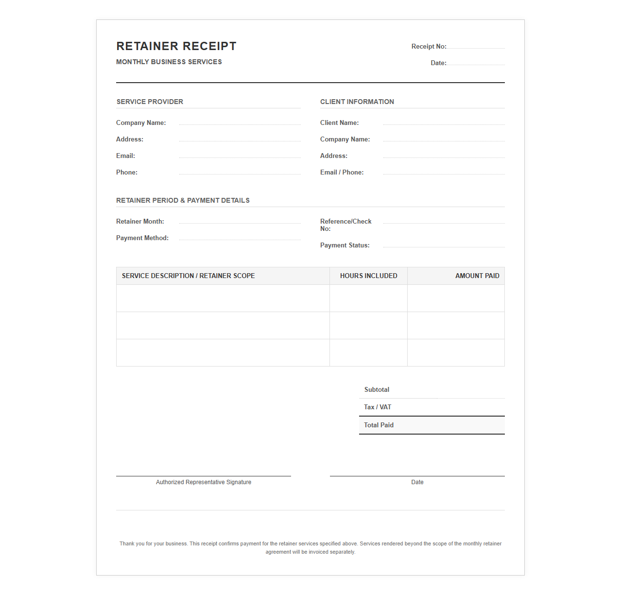 Monthly Business Retainer Service Receipt