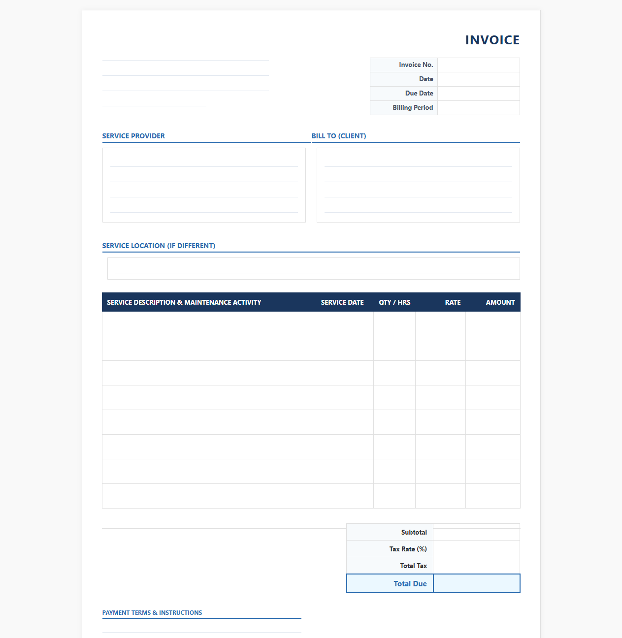 Monthly Commercial Maintenance Invoice Form