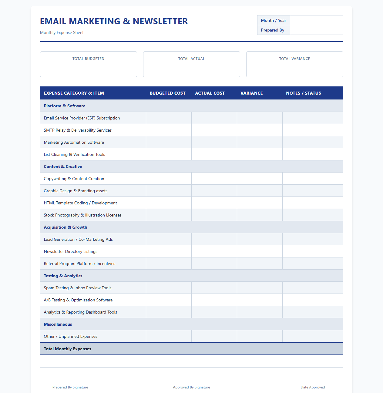 Monthly Email Marketing and Newsletter Expense Sheet