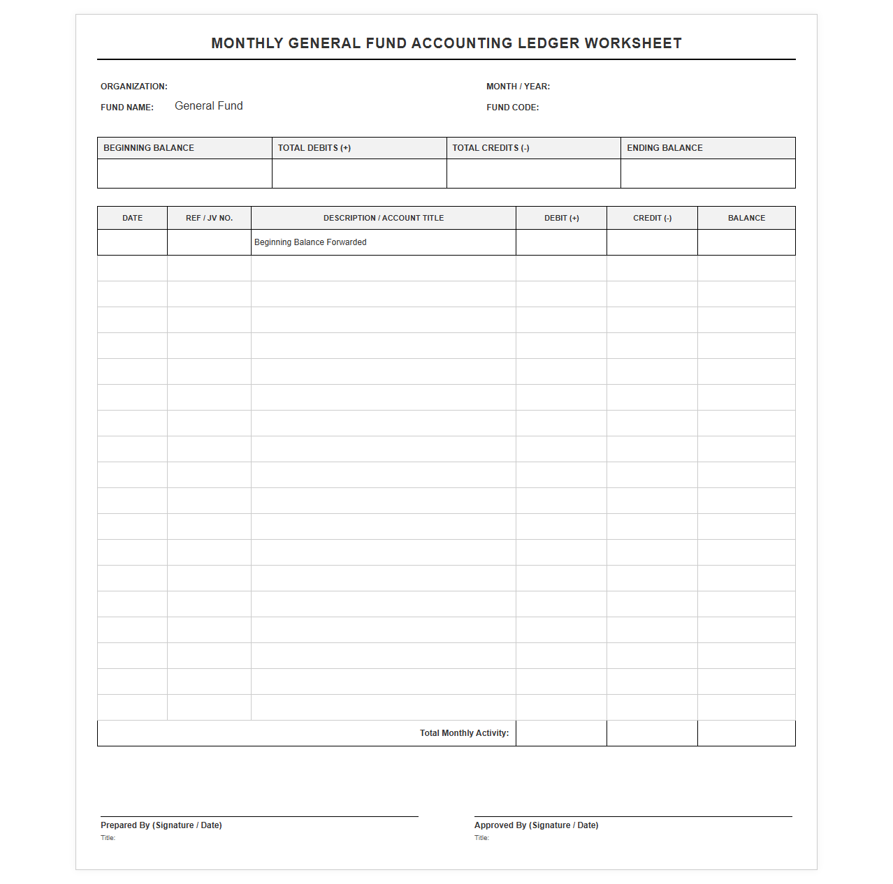 Monthly General Fund Accounting Ledger Worksheet