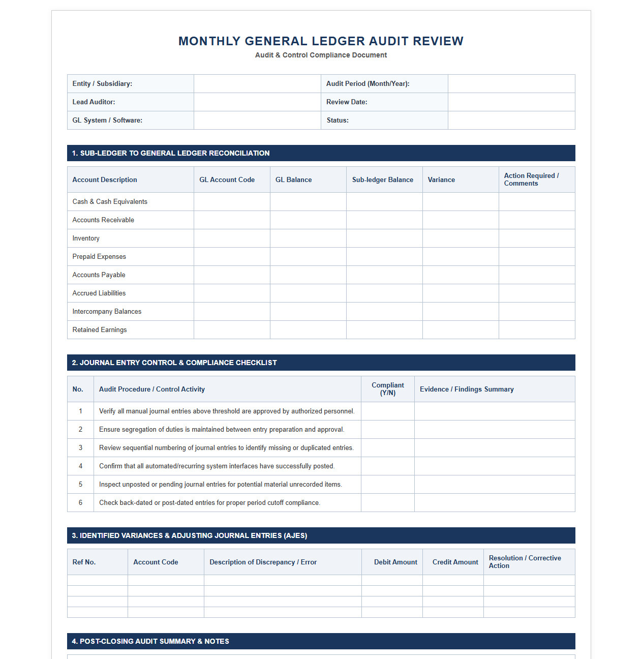 Monthly General Ledger Audit Review Template