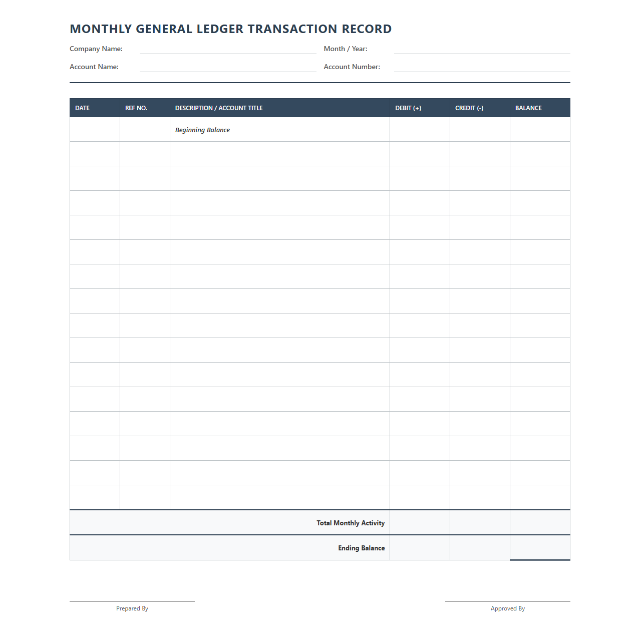 Monthly General Ledger Transaction Record