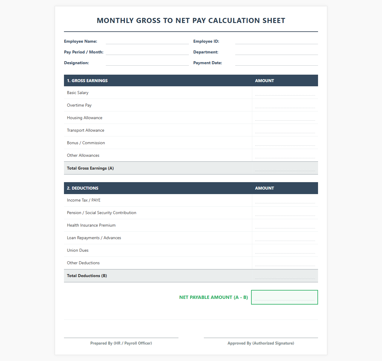 Monthly Gross to Net Pay Calculation Sheet