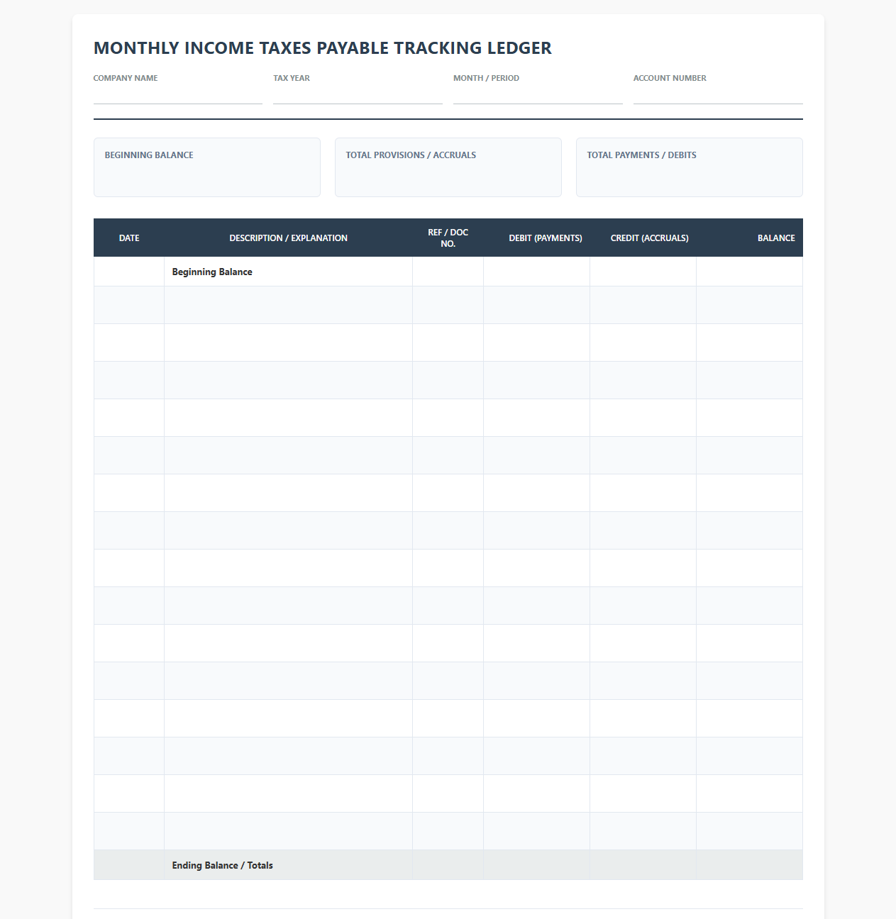 Monthly Income Taxes Payable Tracking Ledger