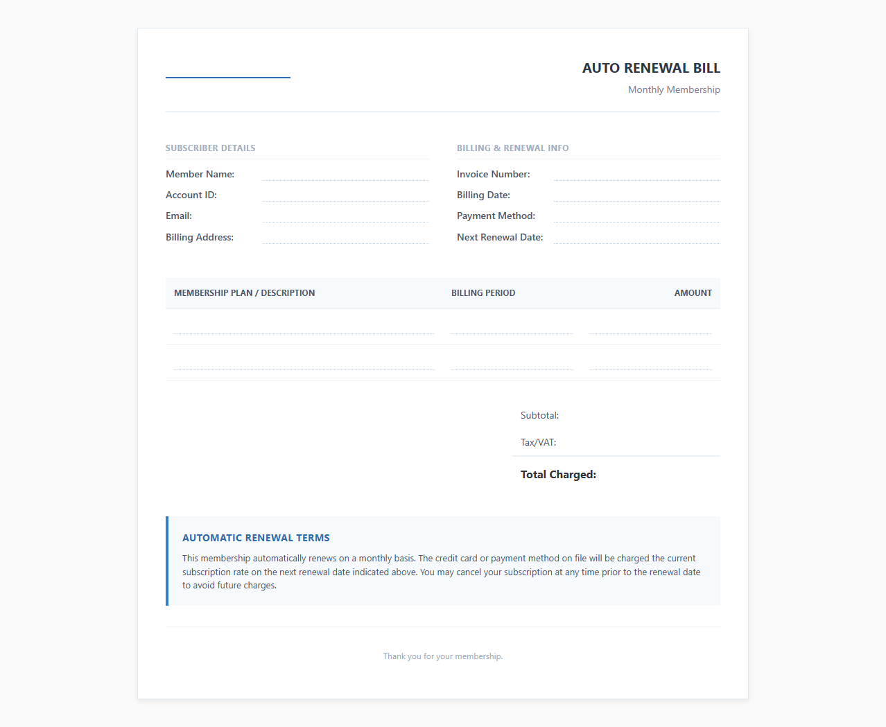 Monthly Membership Auto Renewal Bill Template
