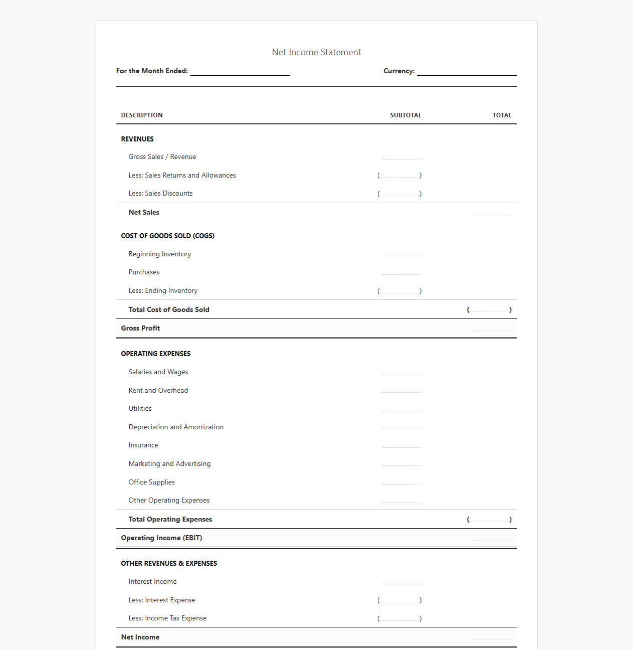 Monthly Net Income Statement Template