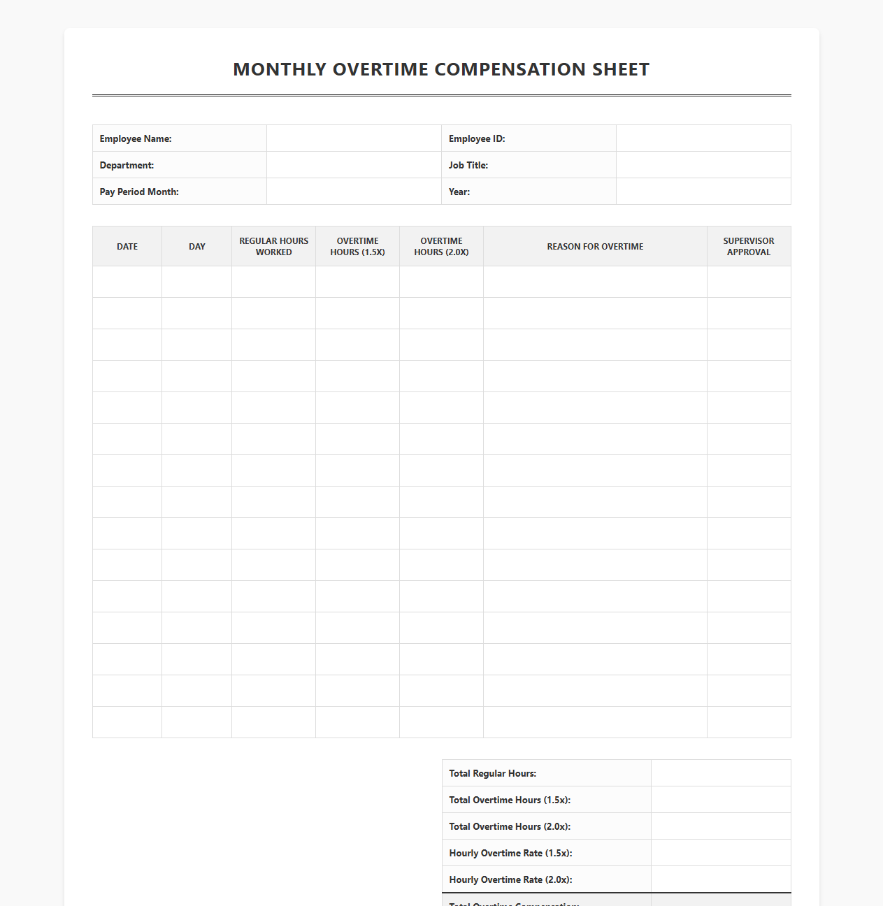Monthly Overtime Compensation Sheet