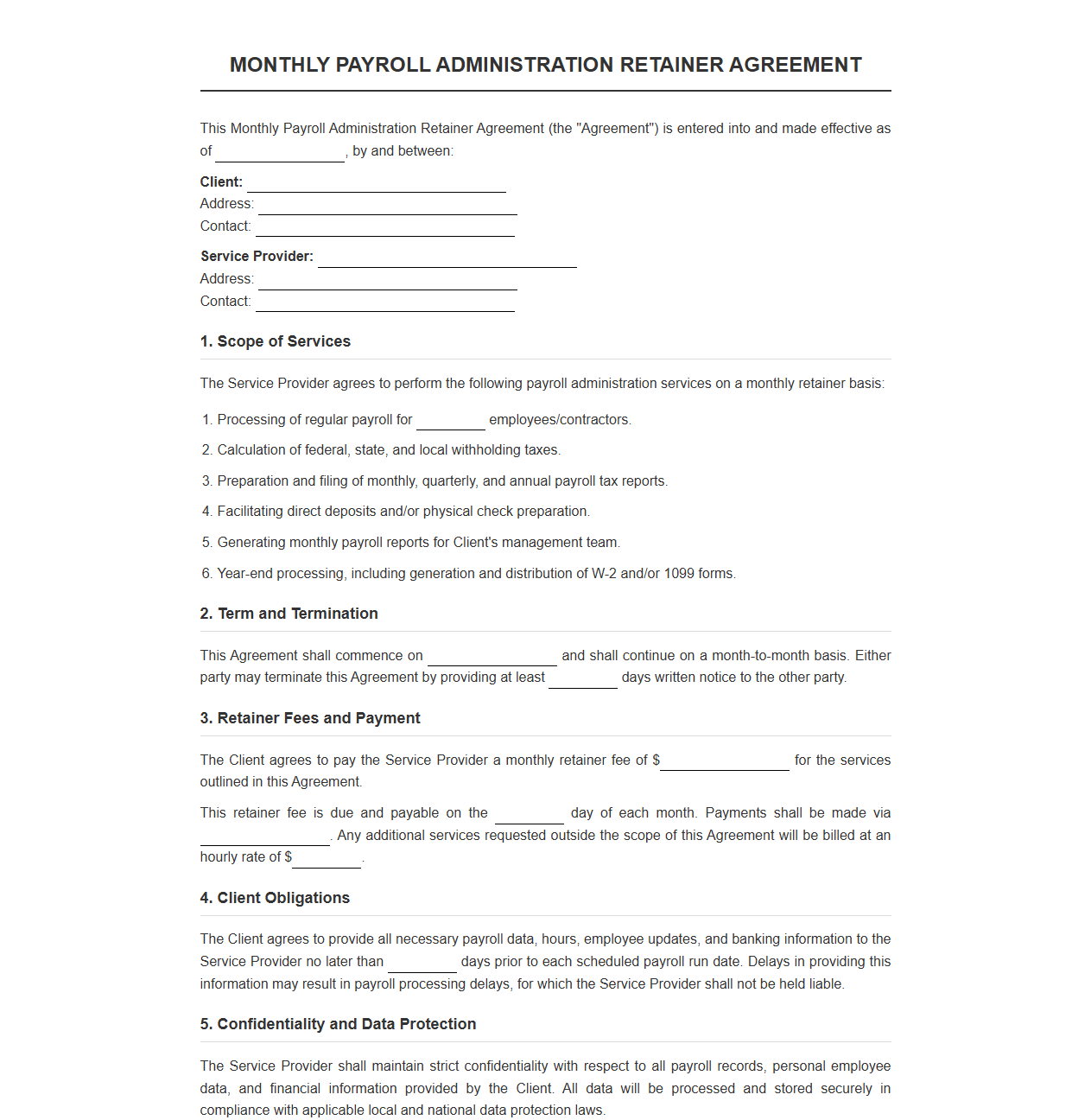 Monthly Payroll Administration Retainer Agreement