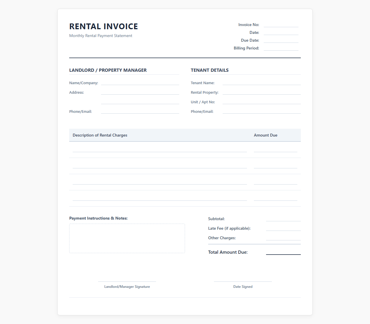 Monthly Rental Invoice Template