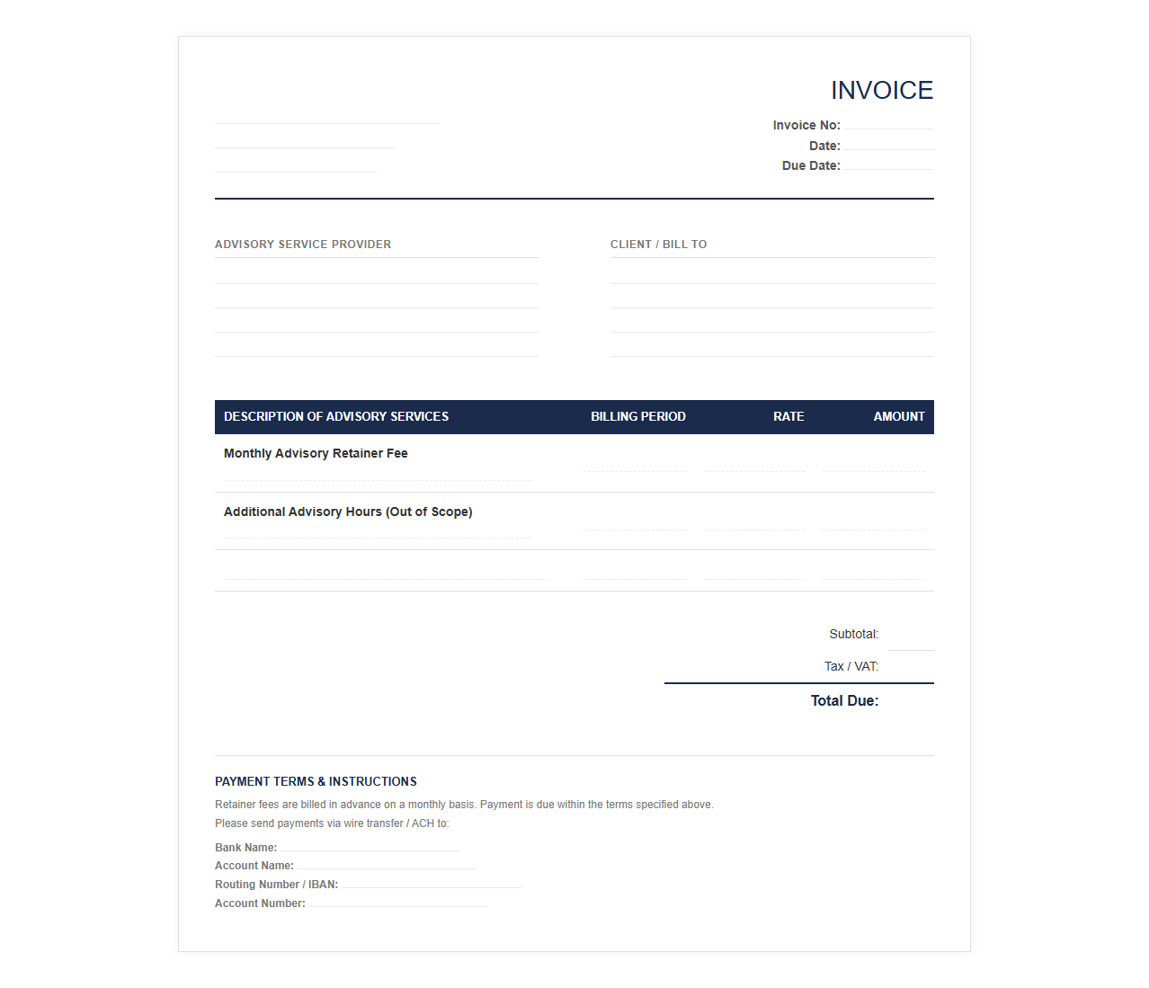 Monthly Retainer Advisory Invoice Template