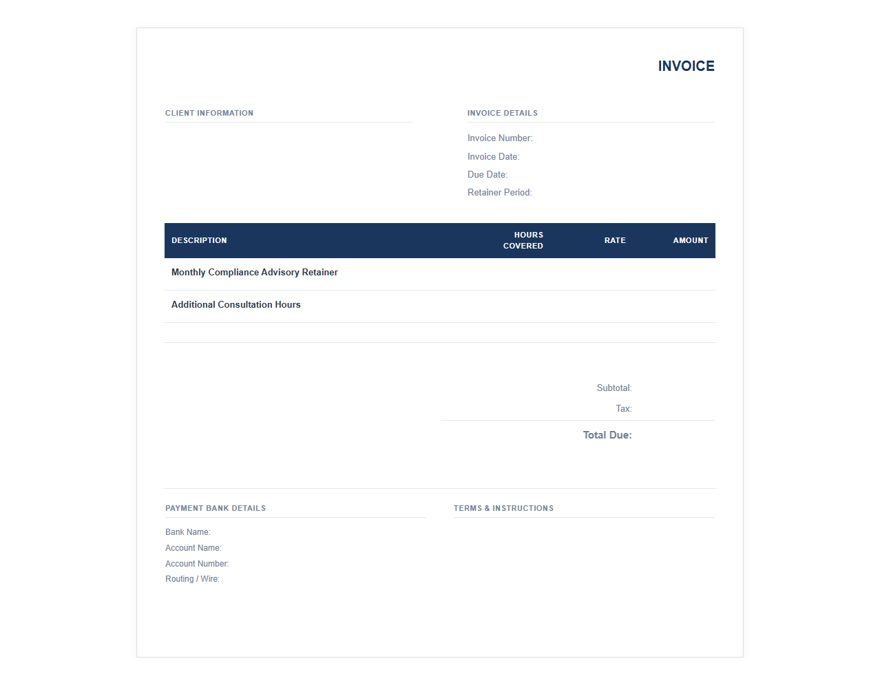 Monthly Retainer Compliance Consulting Invoice