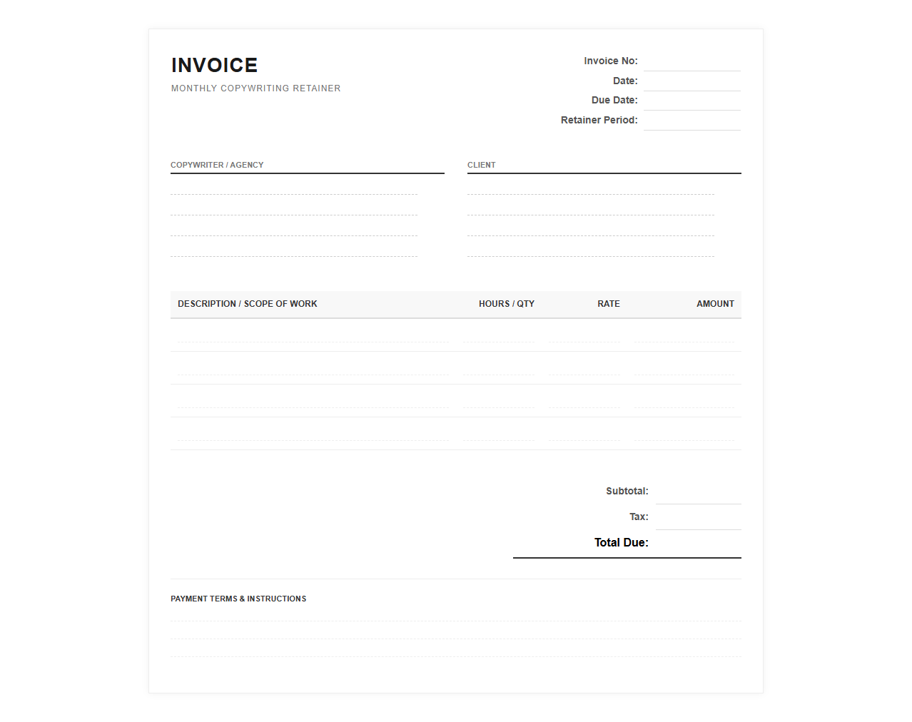 Monthly Retainer Copywriting Invoice Template