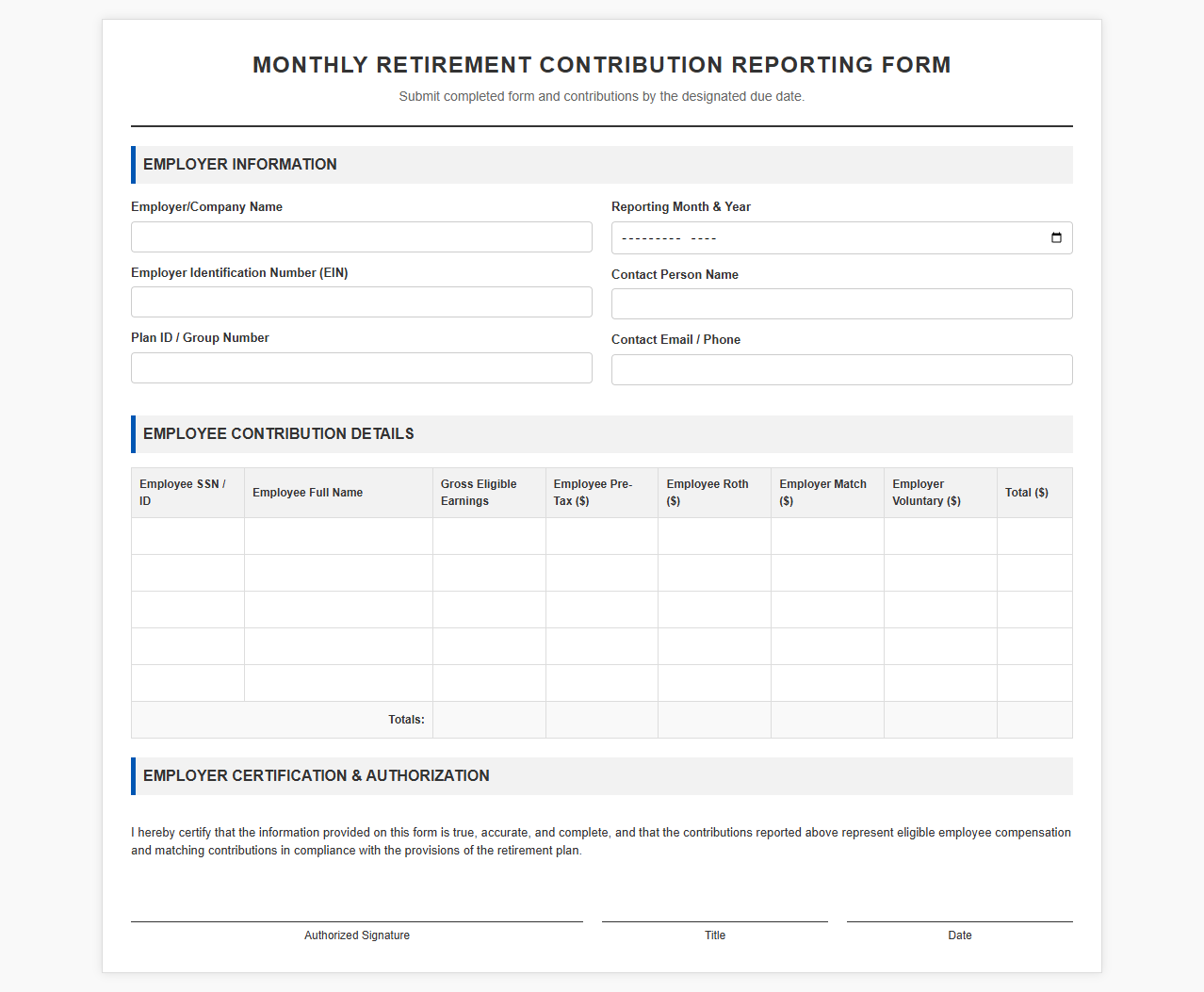 Monthly Retirement Contribution Reporting Form