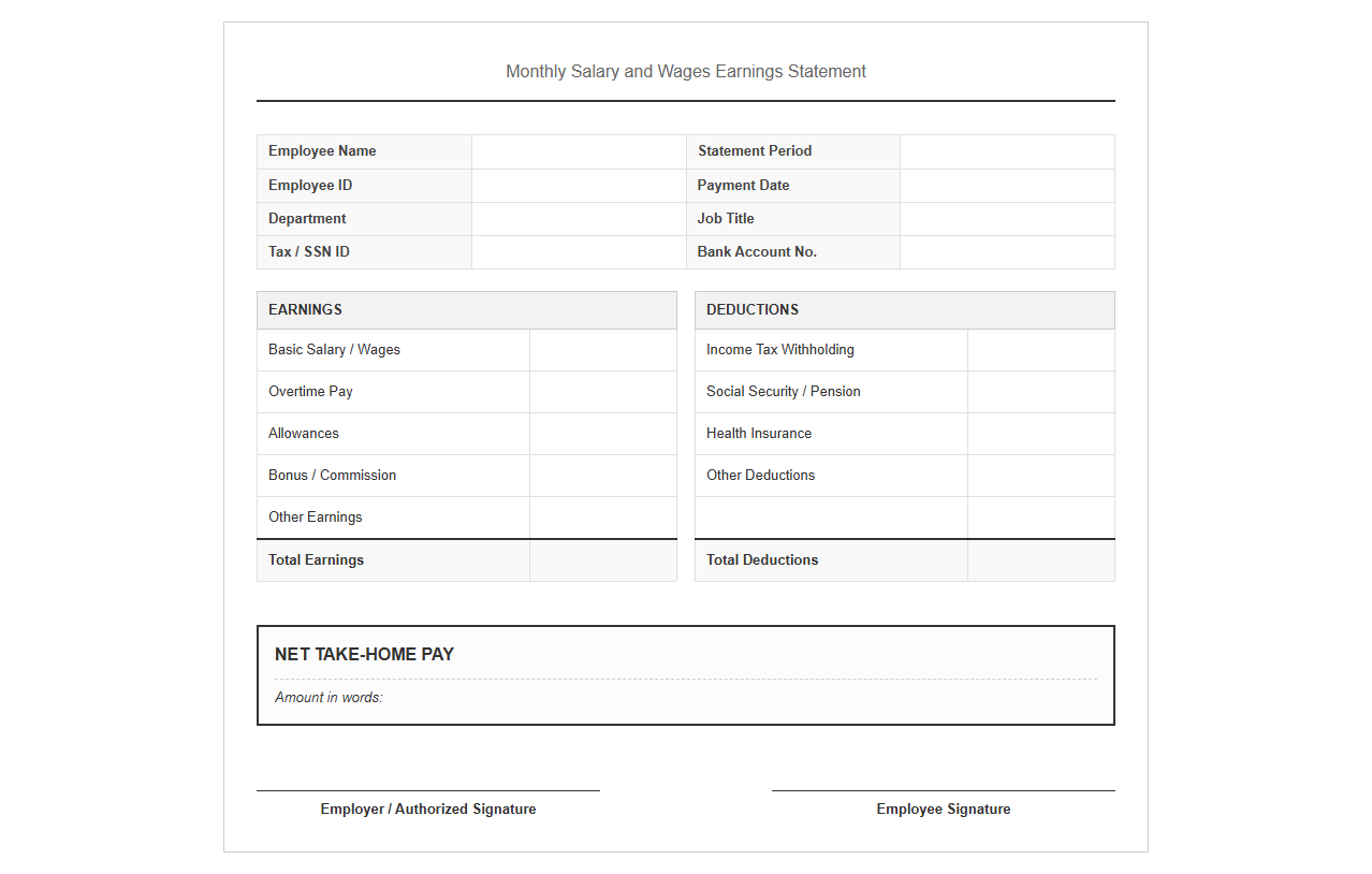 Monthly Salary and Wages Earnings Statement Template