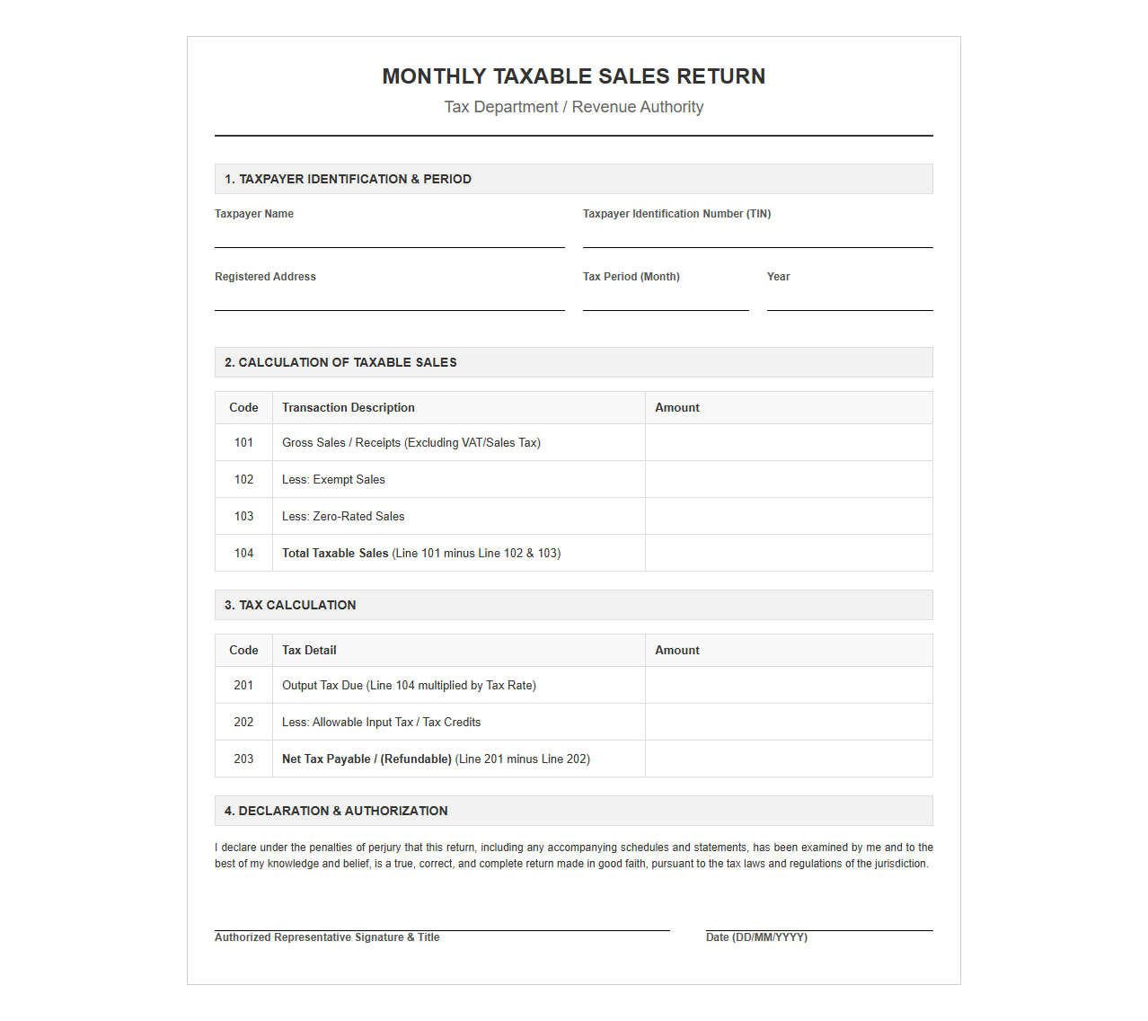 Monthly Taxable Sales Return Template