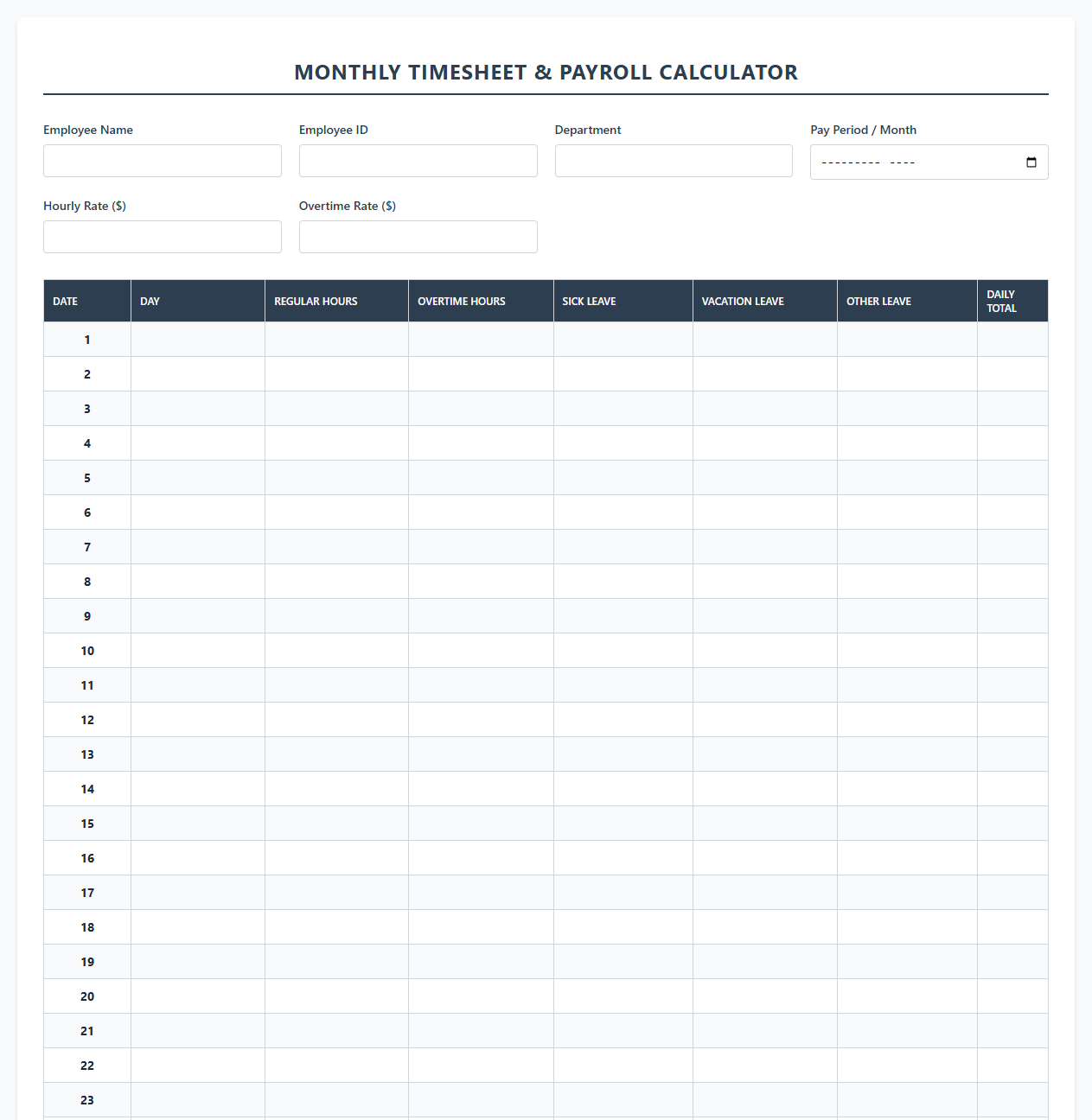 Monthly Timesheet and Payroll Calculator Template