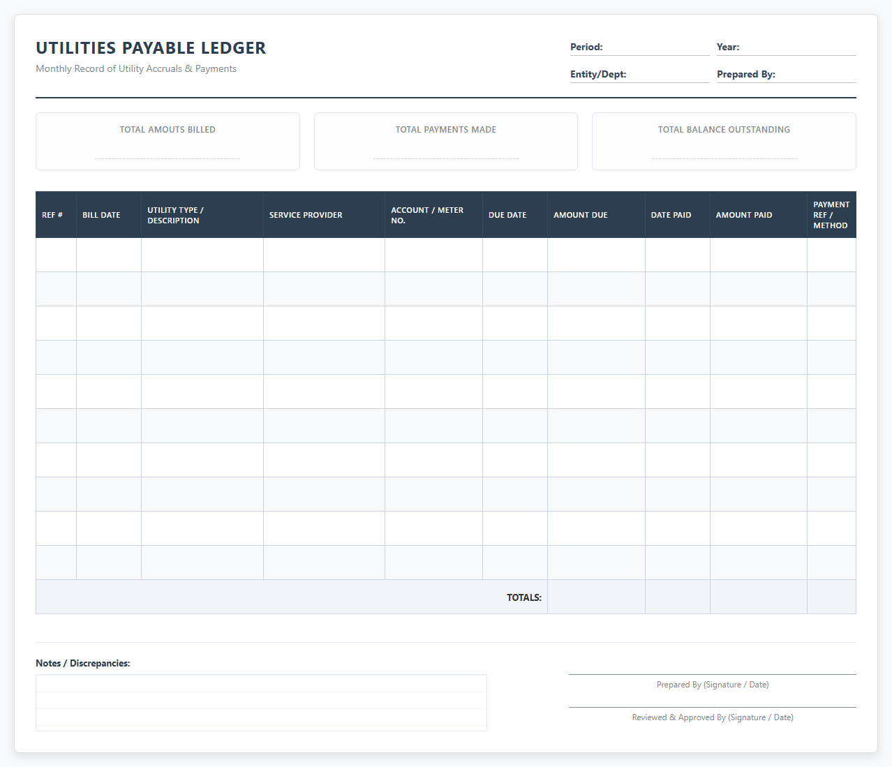 Monthly Utility Bill Ledger Template