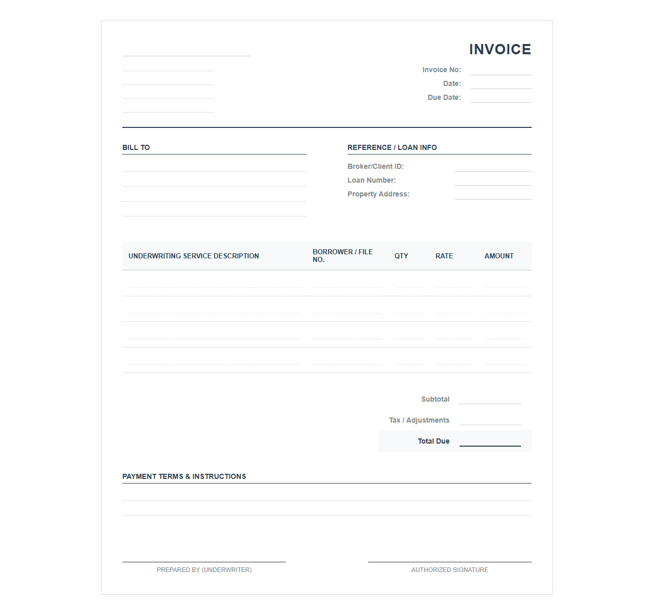 Mortgage Underwriting Invoice Template