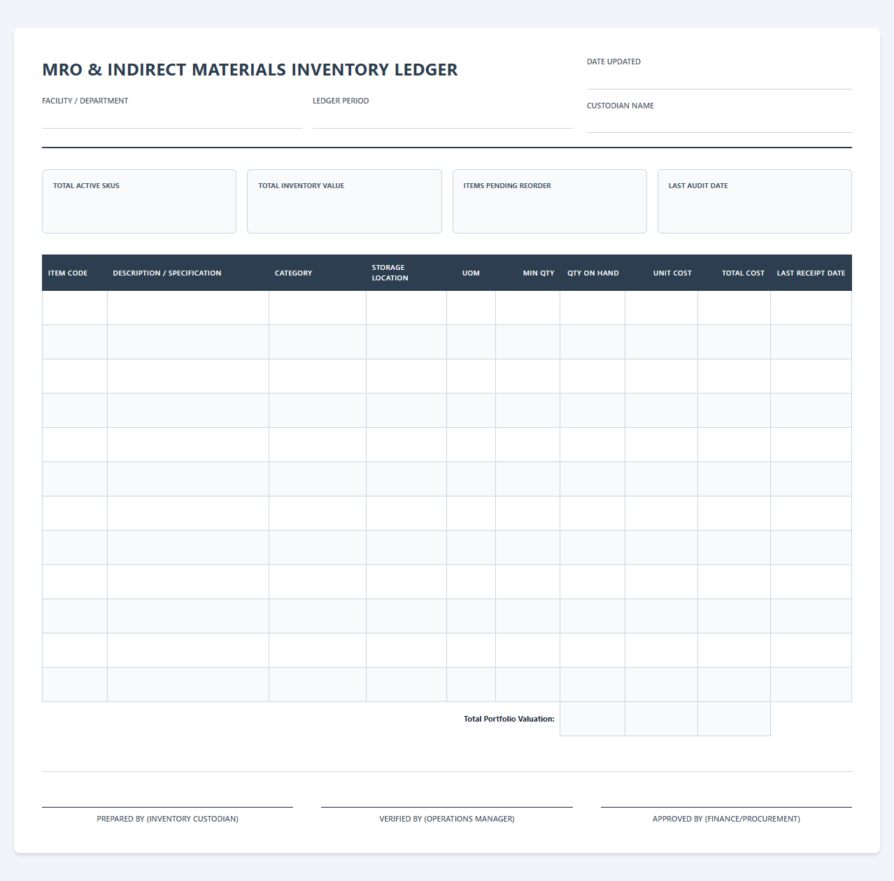 MRO and Indirect Materials Inventory Ledger