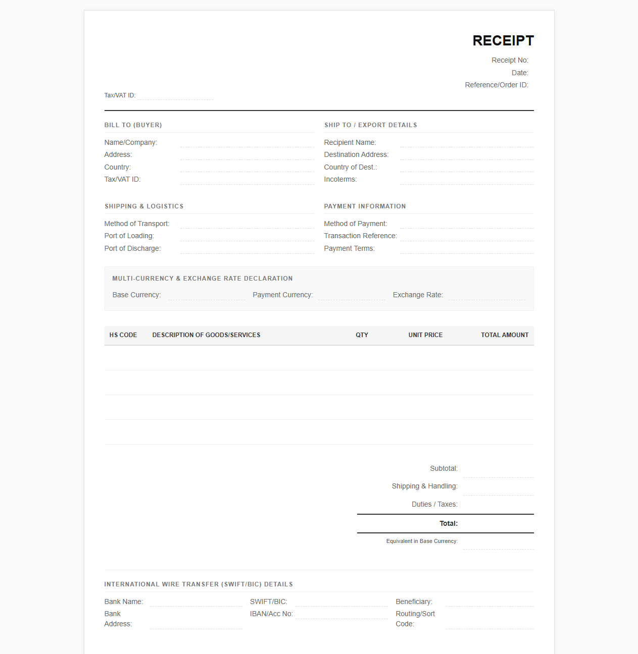 Multi Currency International Sales Receipt Template