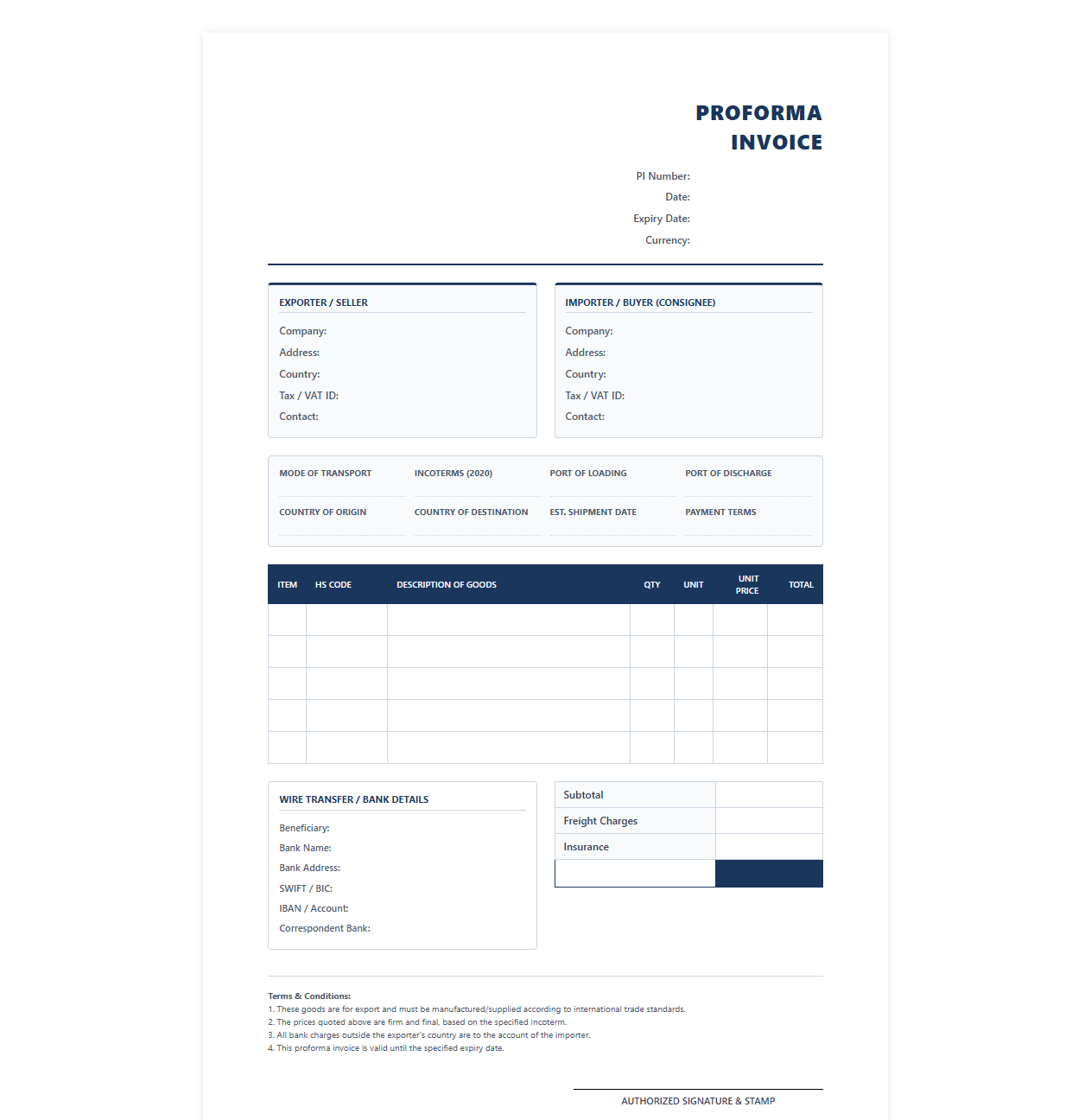 Multi Currency Proforma Invoice Template for Global Trade