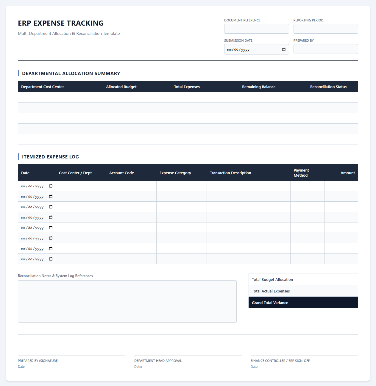 Multi-Department ERP Expense Tracking Template
