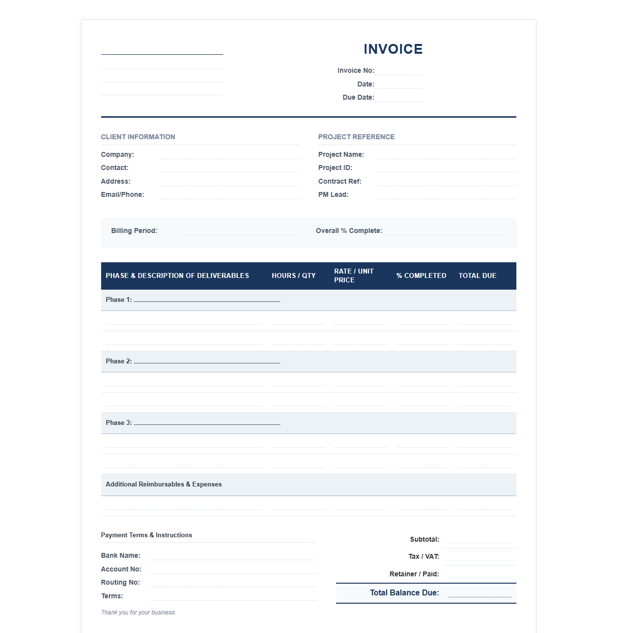 Multi-Phase Commercial Project Management Invoice