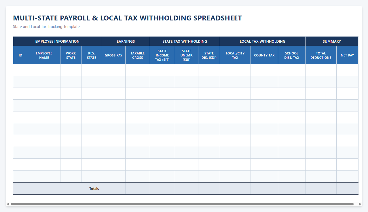 Multi-State Payroll and Local Tax Withholding Spreadsheet