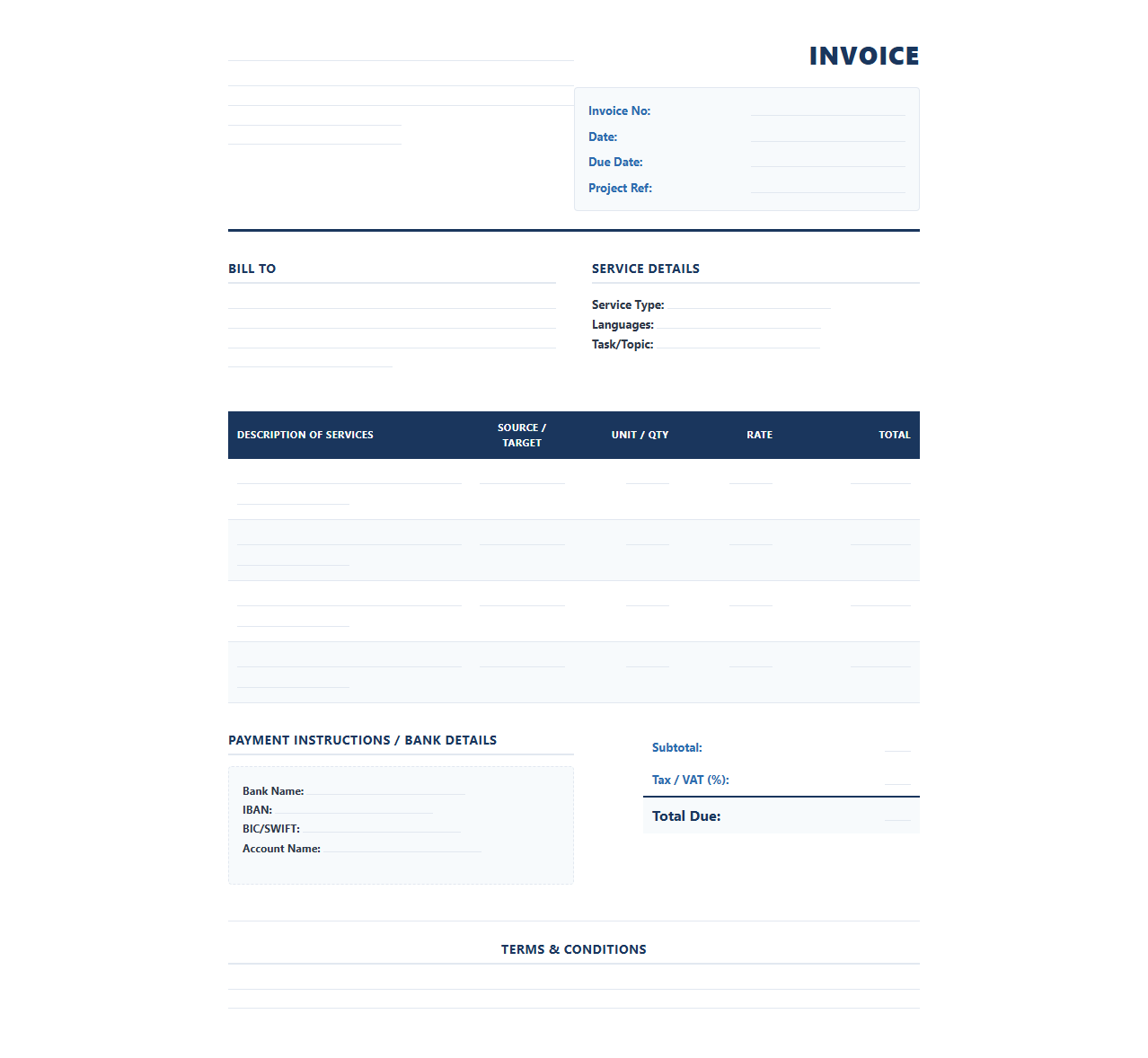 Multilingual Translation and Verbal Interpretation Invoice