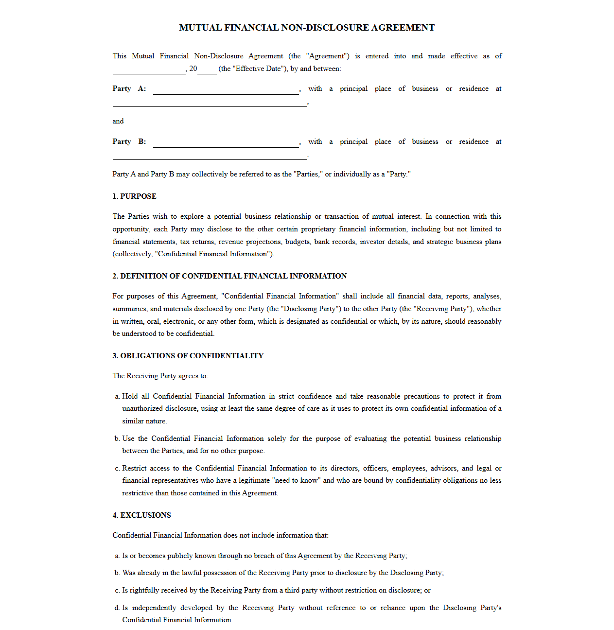 Mutual Financial Non-Disclosure Agreement Template
