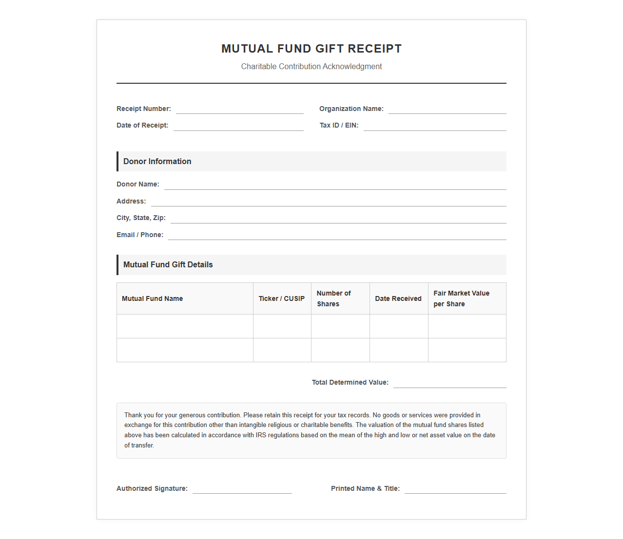 Mutual Fund Gift Receipt Template