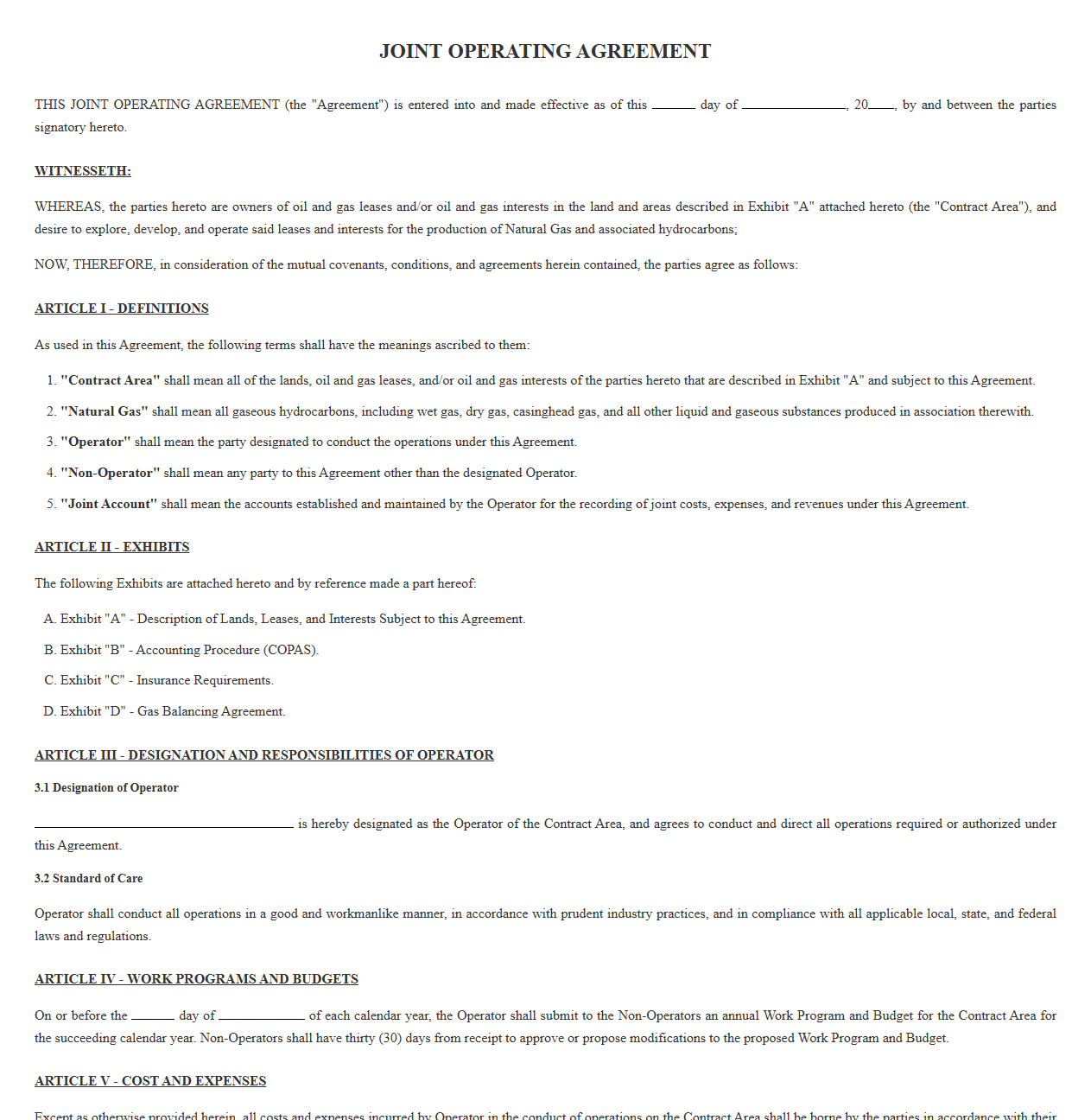 Natural Gas Joint Operating Agreement